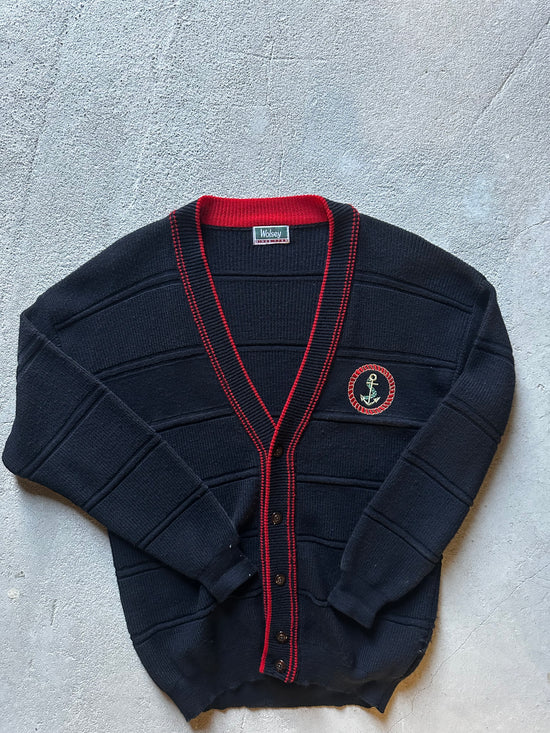 Stickad vintage kofta i marin stil från Wolsey med röd kant och broderat märke