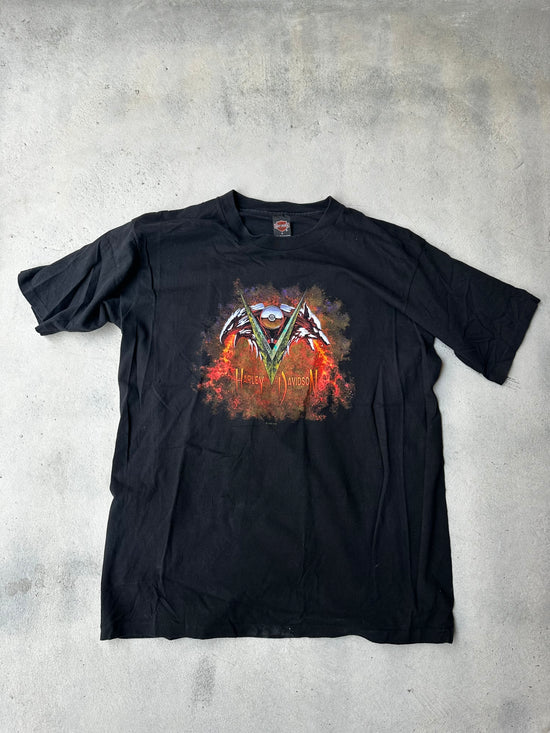 Black biker tee featuring fiery Harley-Davidson print with eagle wings