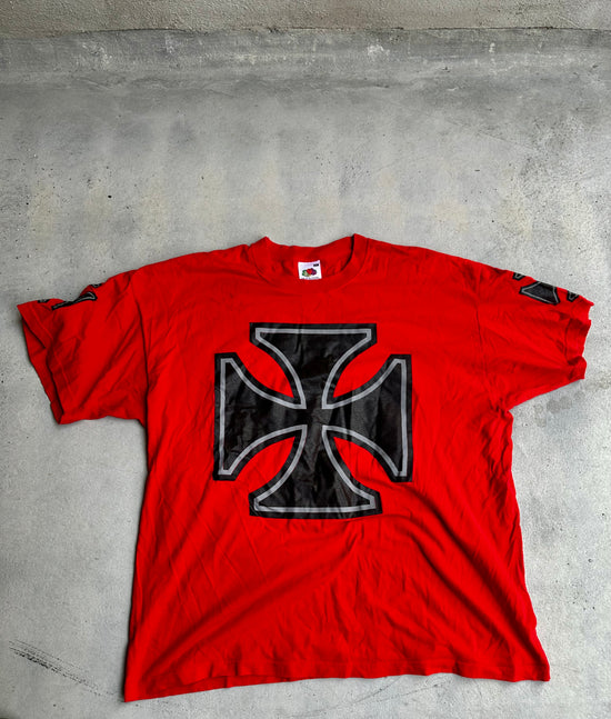 Vintage Red Iron Cross T-Shirt – Fruit of the Loom, bold black cross graphic on distressed red fabric, 90s skater & biker style.