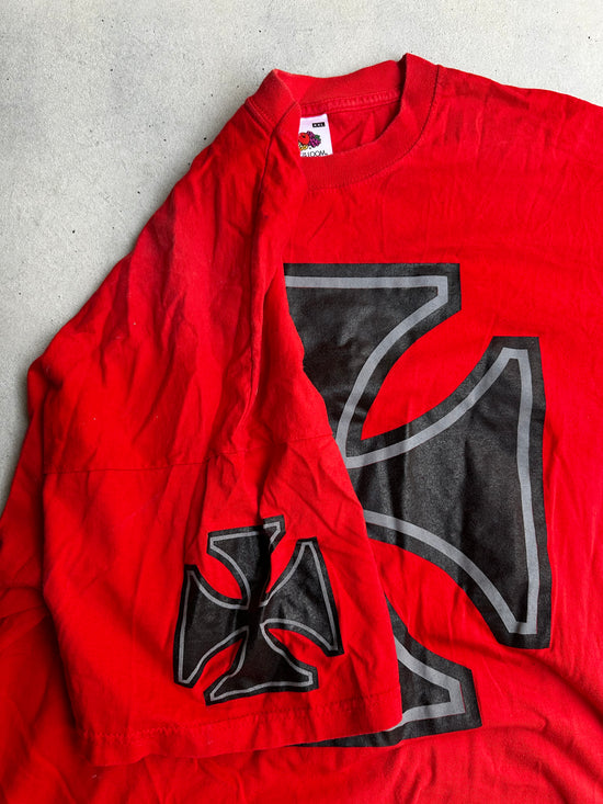 Vintage Red Iron Cross T-Shirt – Fruit of the Loom, bold black cross graphic on sleeve closeup.