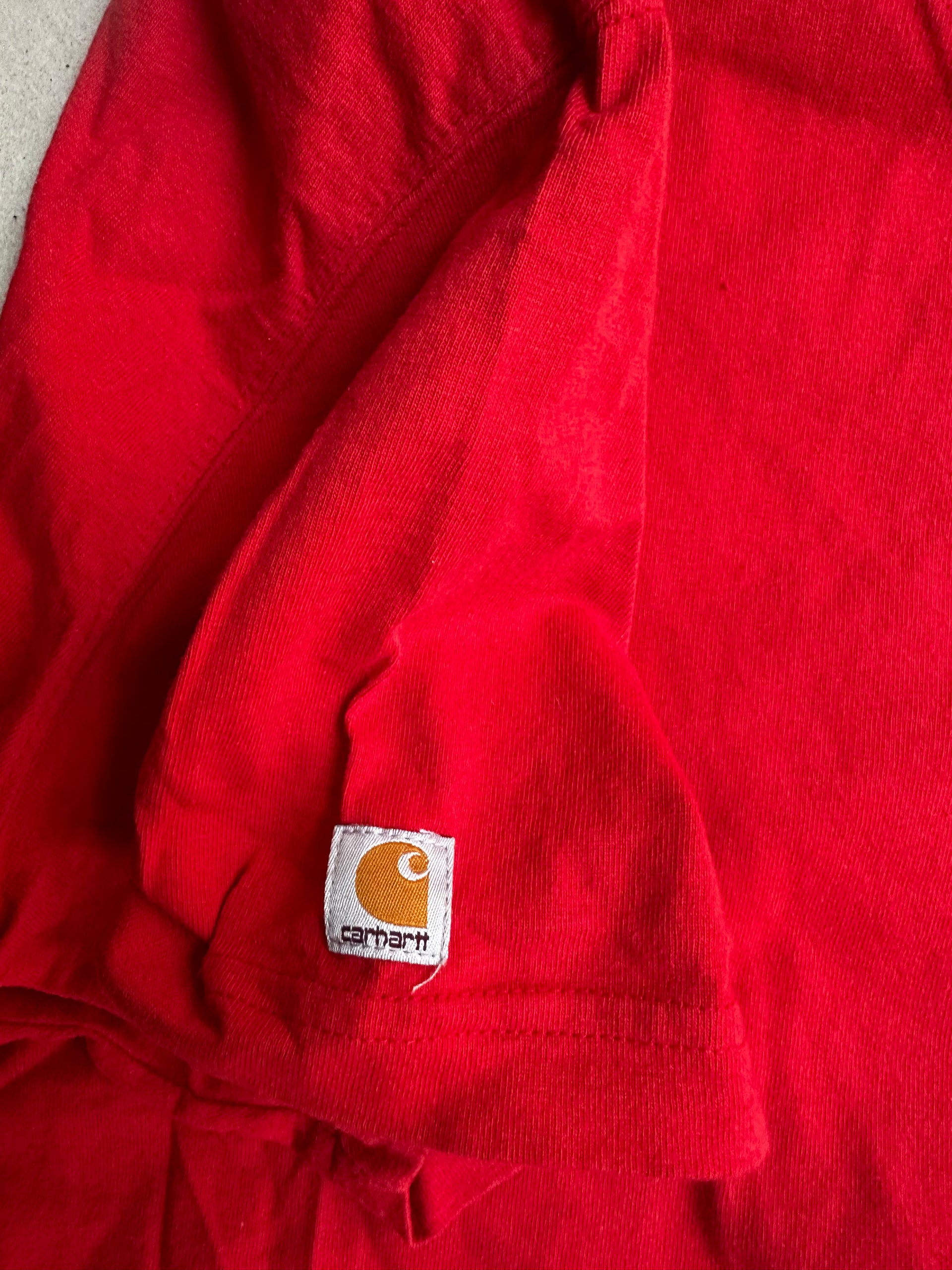 Red Carhartt tee featuring distressed bull skull print.
