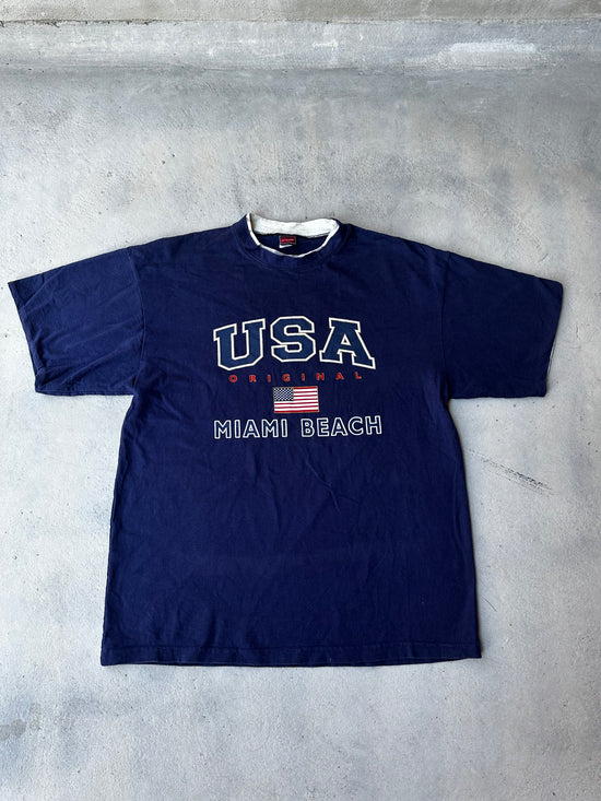 Retro American-themed Miami Beach T-shirt, made in the USA