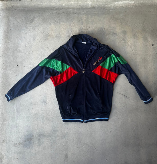 Vintage 80s Adidas Track Jacket – Navy, red & green color block, full-zip, classic retro sportswear.