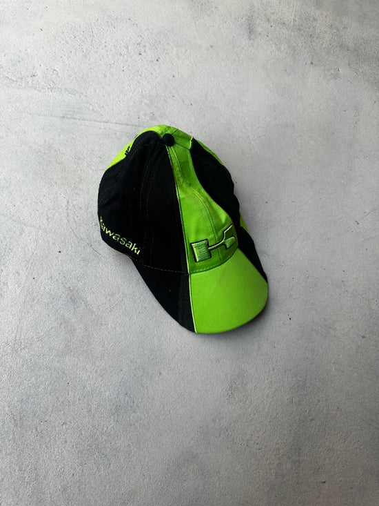 Vintage Kawasaki racing cap in black and neon green with embroidered logos.