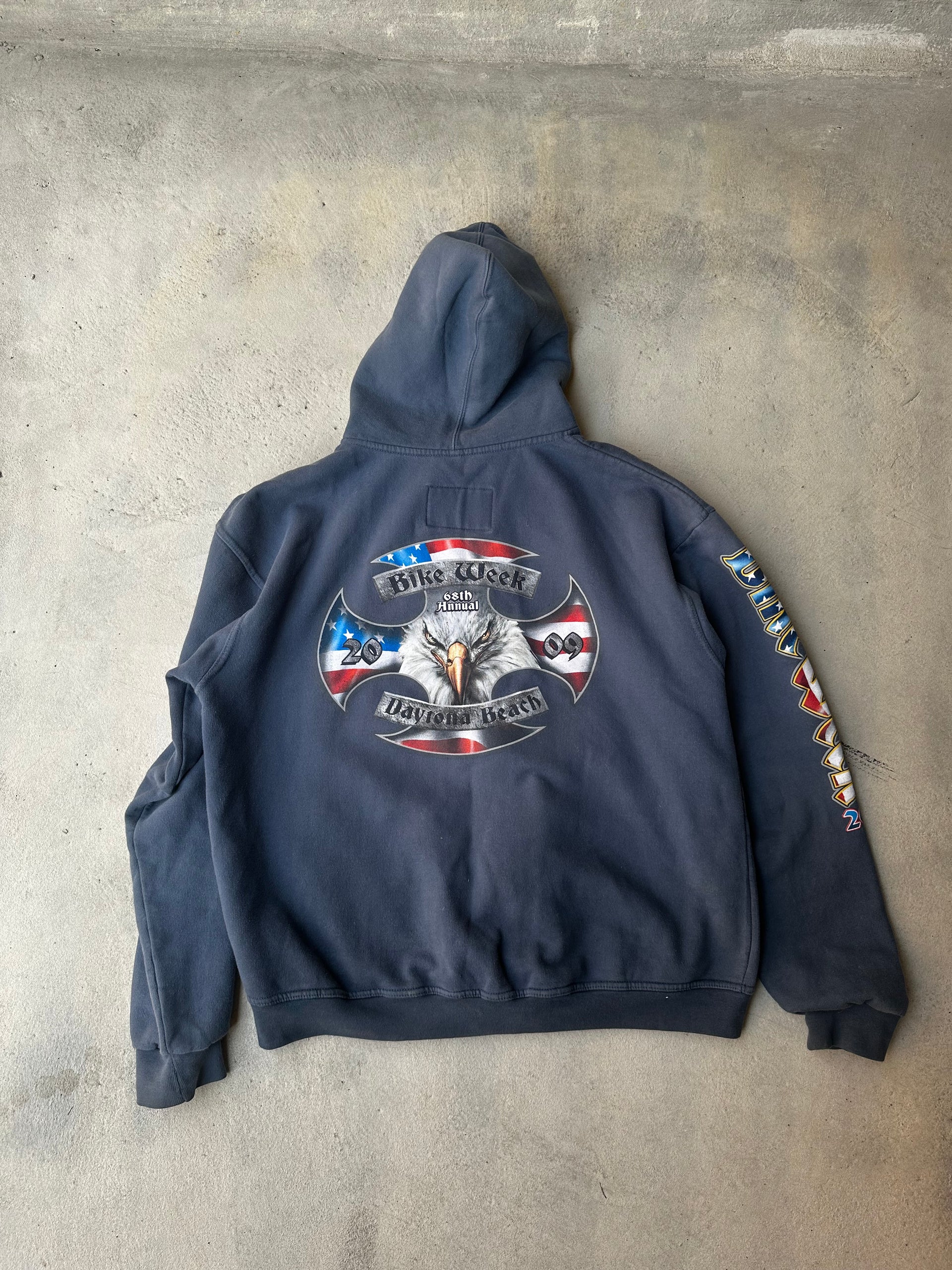 Classic 2009 Bike Week hoodie with heavy cotton fabric and faded biker graphics