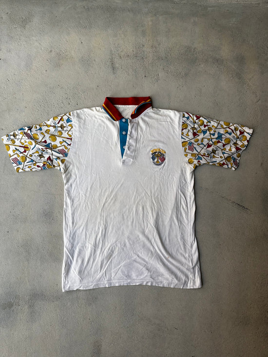 Vintage 1993 Ryder Cup polo shirt with multicolor golf-themed sleeve print