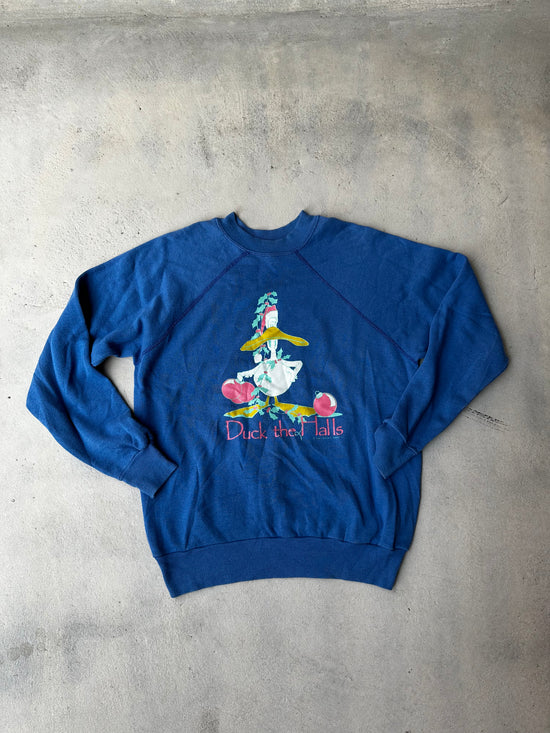 Vintage blue 'Duck the Halls' Christmas sweatshirt with embroidered duck design