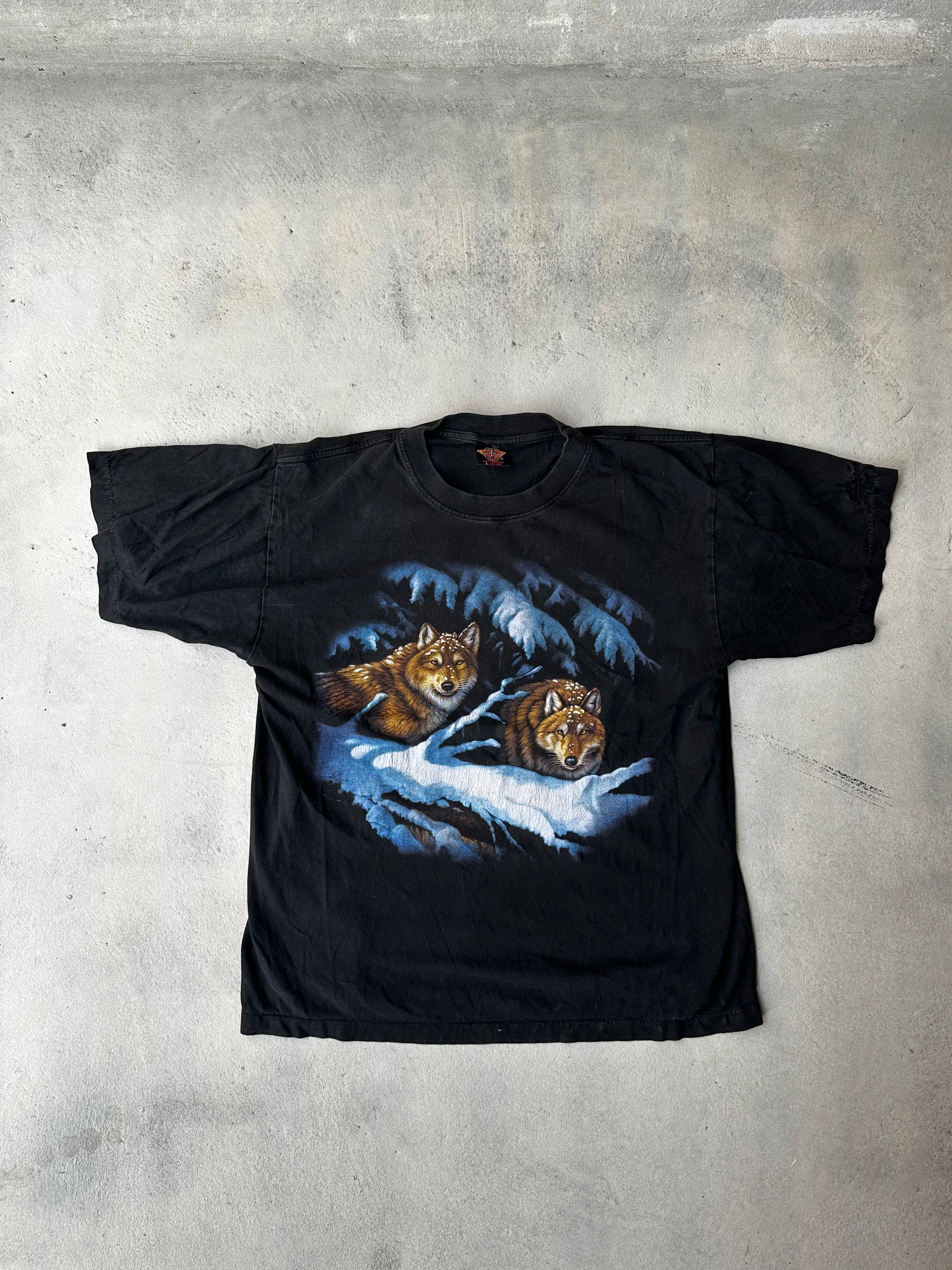 Laid-flat vintage animal print T-shirt with soft worn-in cotton fabric