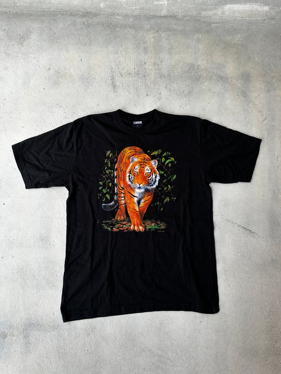 Vintage 00s black T-shirt with bold tiger graphic print