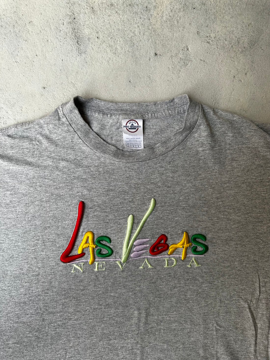 Laid-flat vintage heather gray Delta Pro Weight T-shirt with bold retro design.