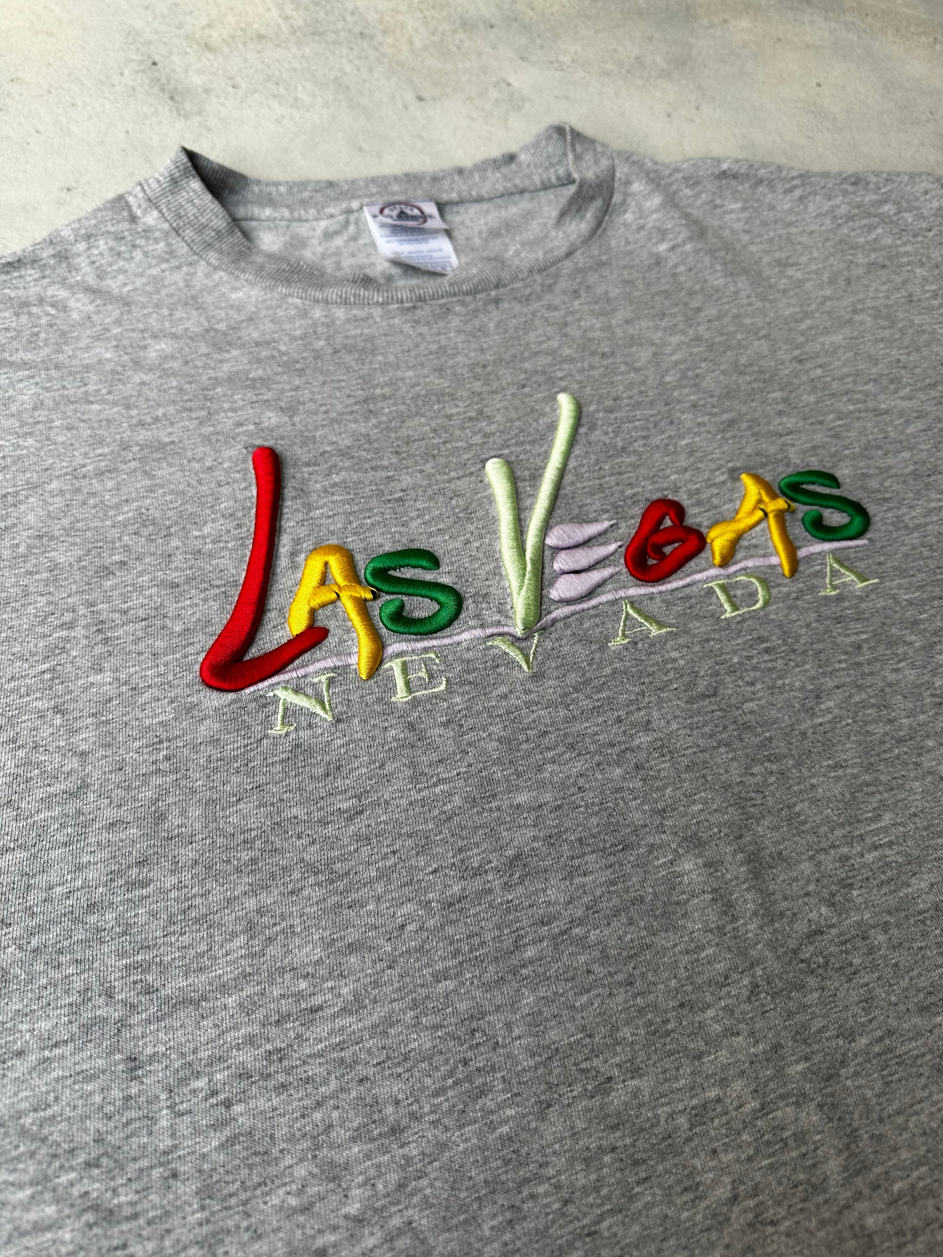 Close-up of puffy print Las Vegas Nevada graphic on vintage Delta Pro Weight T-shirt.