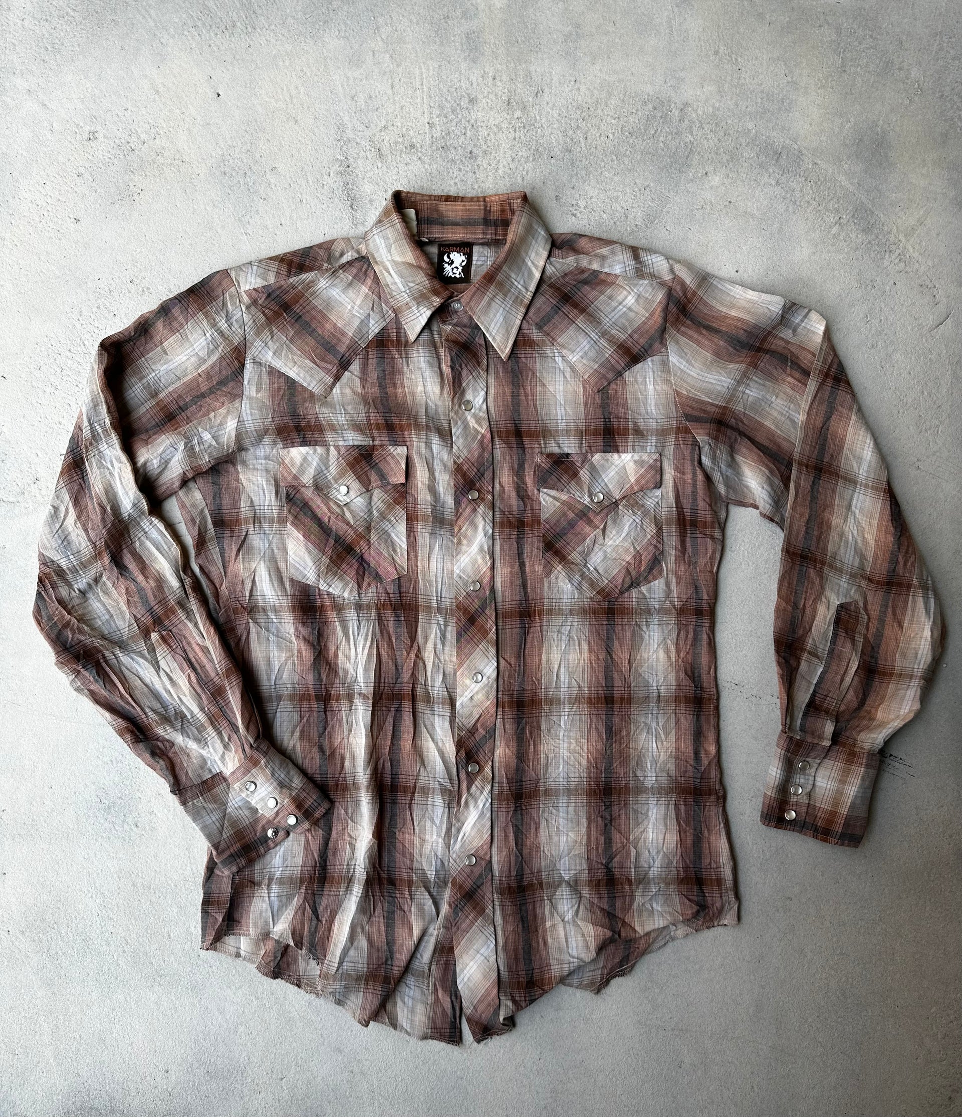 "Vintage pearl snap western shirt in muted brown and beige plaid pattern
