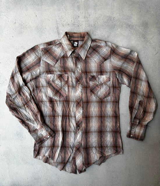 "Vintage pearl snap western shirt in muted brown and beige plaid pattern