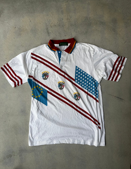Vintage Ryder Cup 1993 polo shirt with multicolor golf-themed sleeves and embroidered logo.