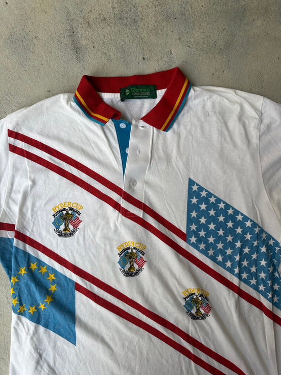 Close-up of embroidered Ryder Cup 1993 crest on vintage white polo shirt