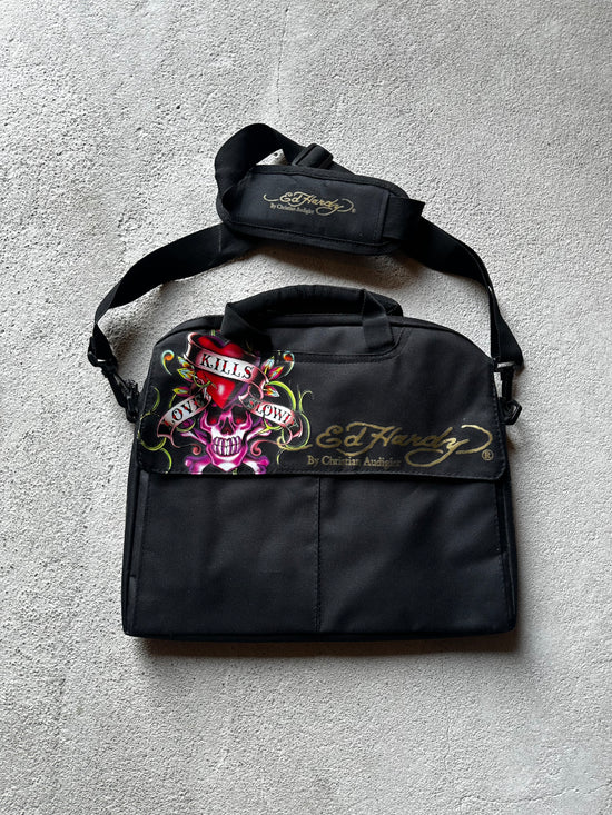 Vintage Ed hardy messenger bag i svart med love kills slowly text