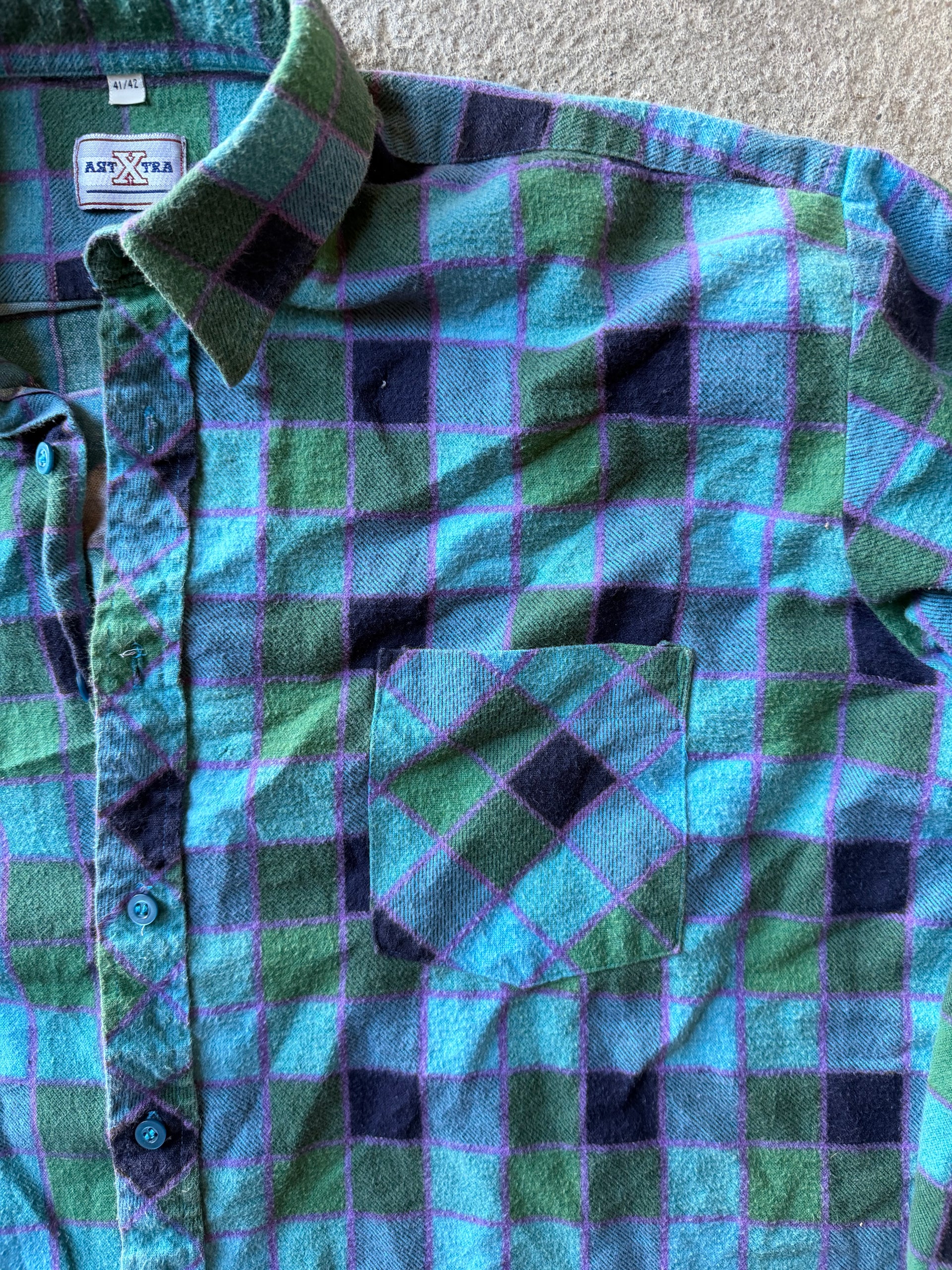 90s Faded Green & Blue Flannel Shirt | Size L
