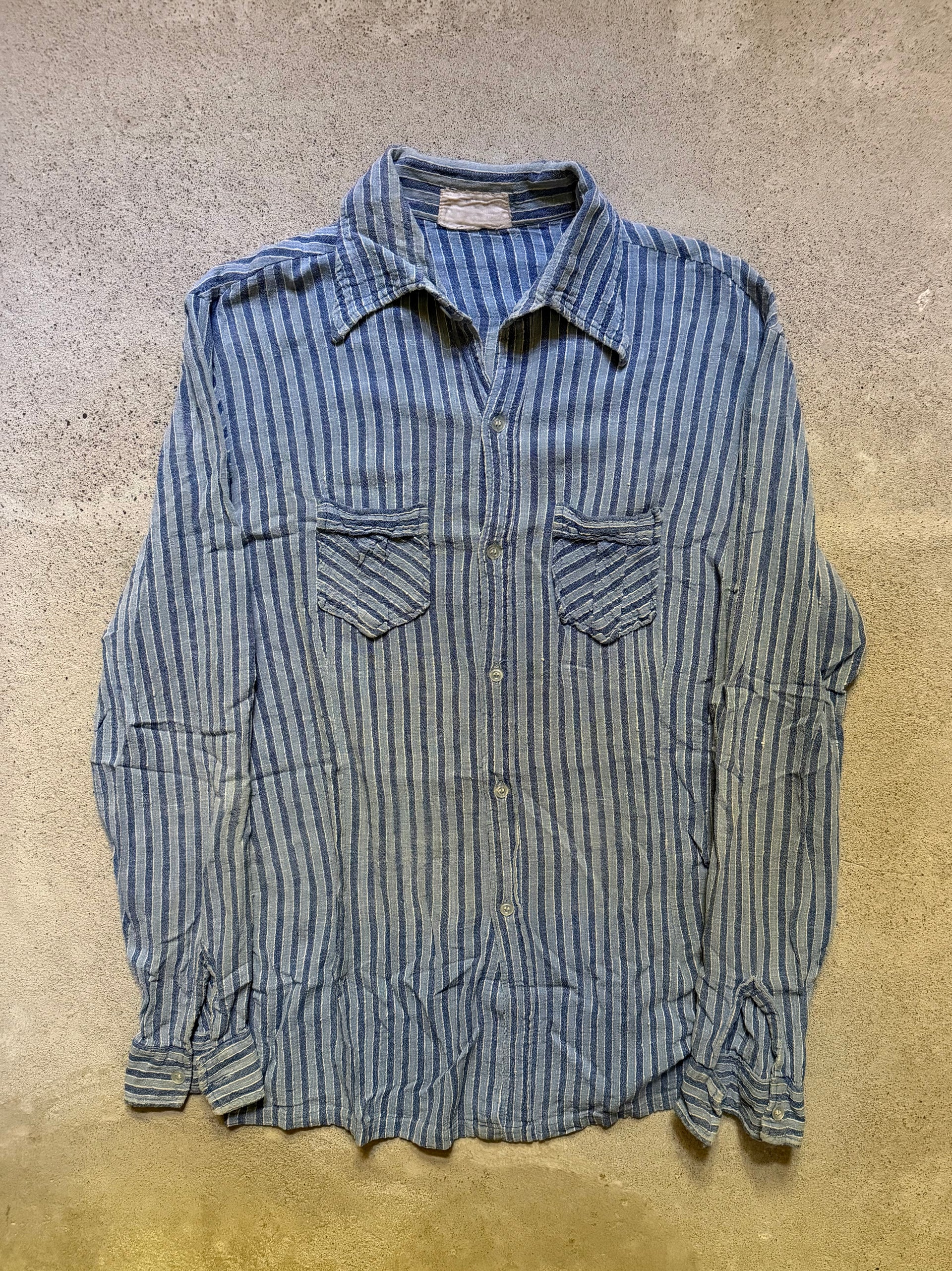 60s Striped Linen Work Shirt | Size L