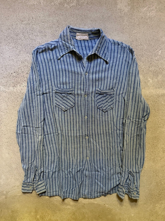 60s Striped Linen Work Shirt | Size L