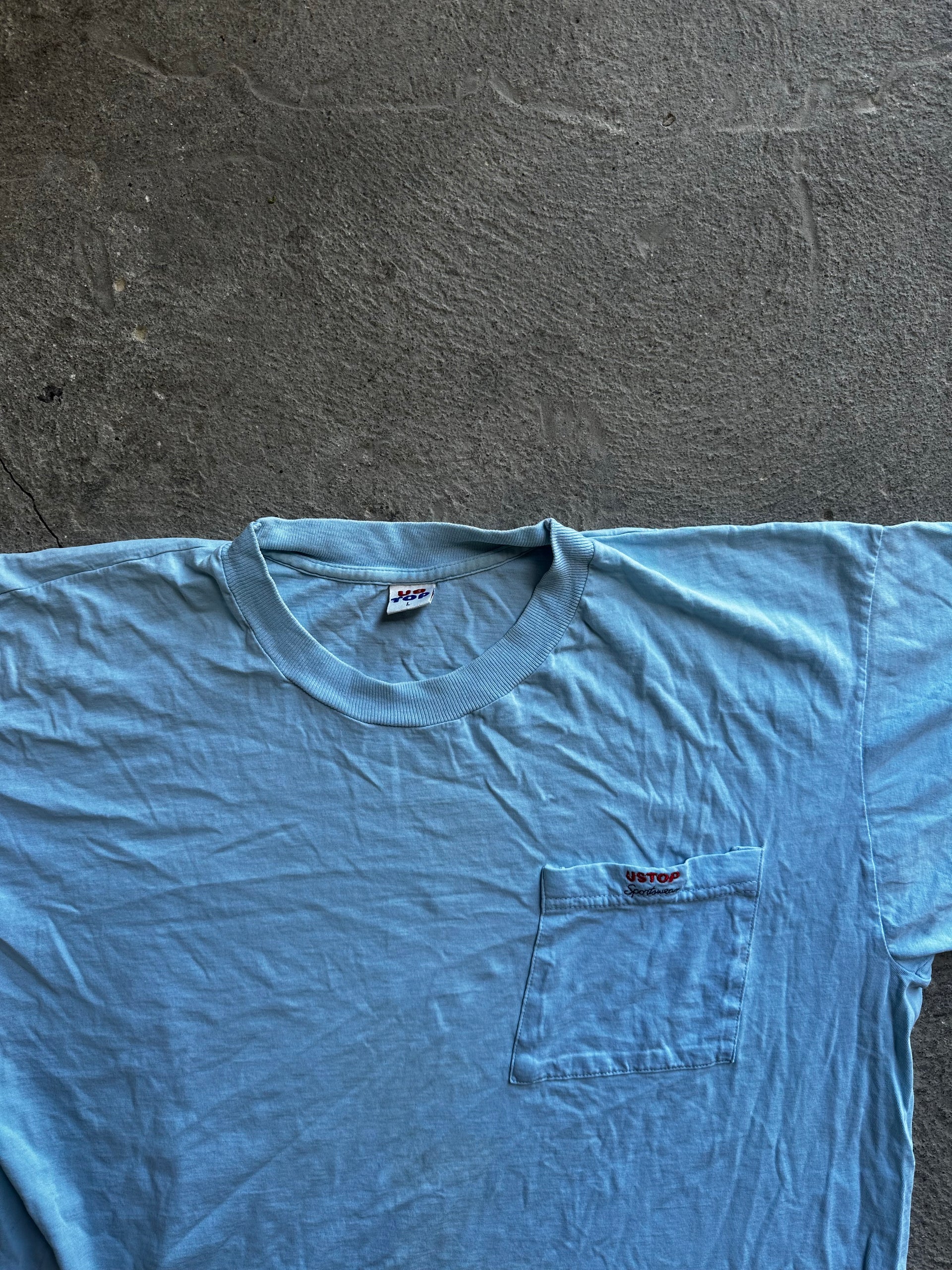 Faded Light Blue Pocket Single Stitch Tee | Size L