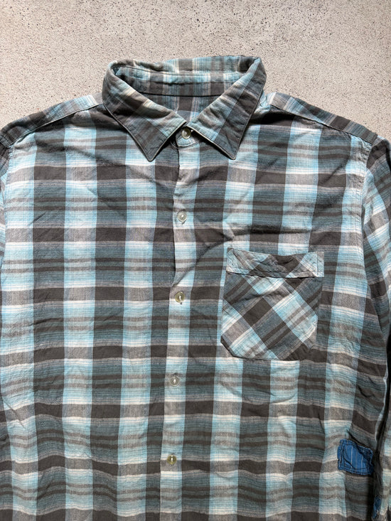 80s Repaired Plaid Flannel Shirt Blue Grey | Size L