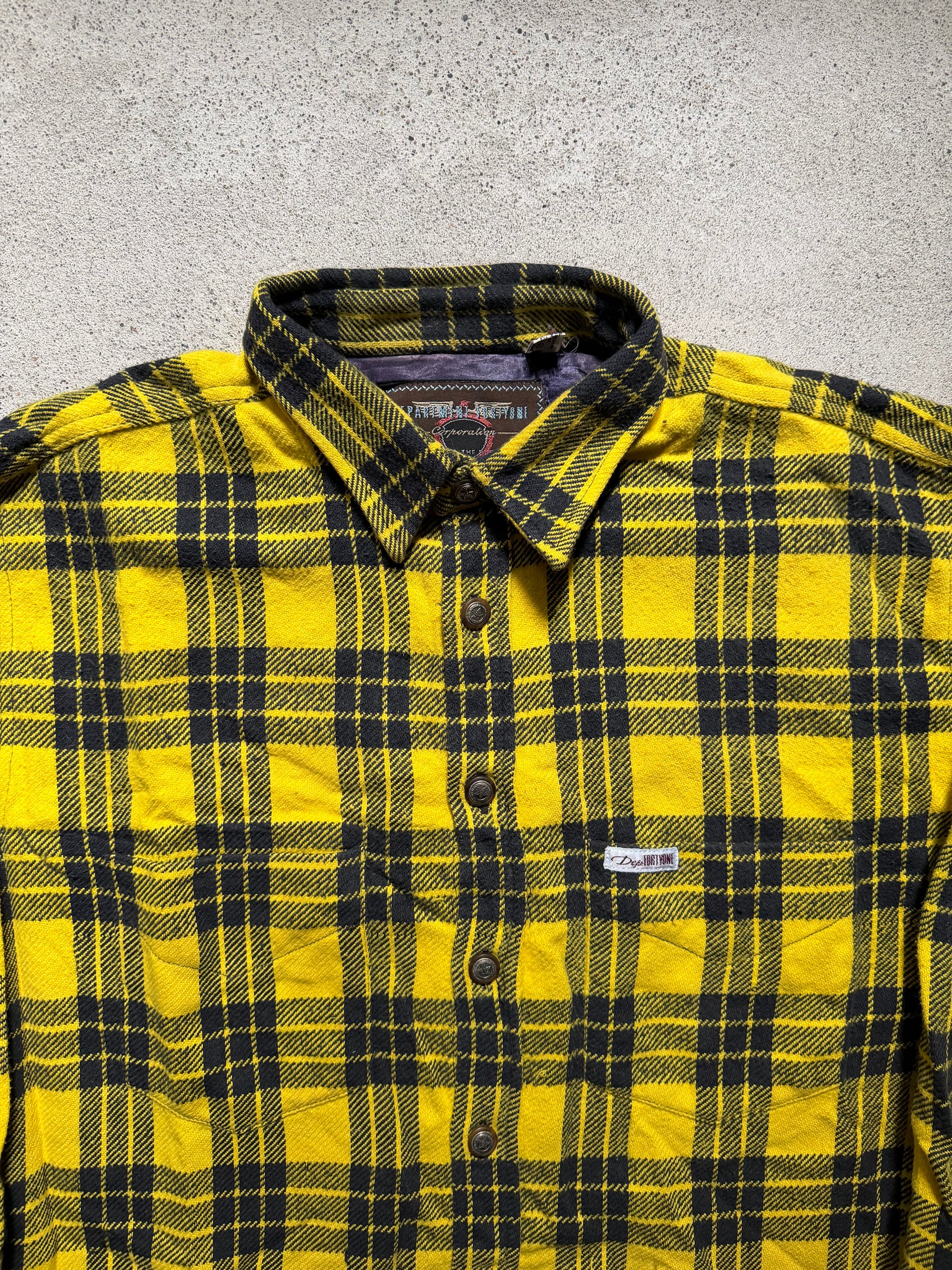80s Yellow Plaid Heavy Flannel Shirt | Size XL