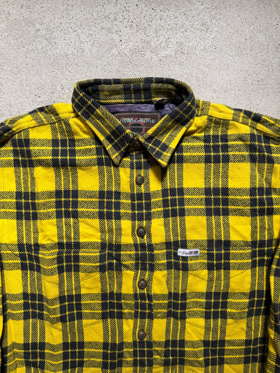 80s Yellow Plaid Heavy Flannel Shirt | Size XL