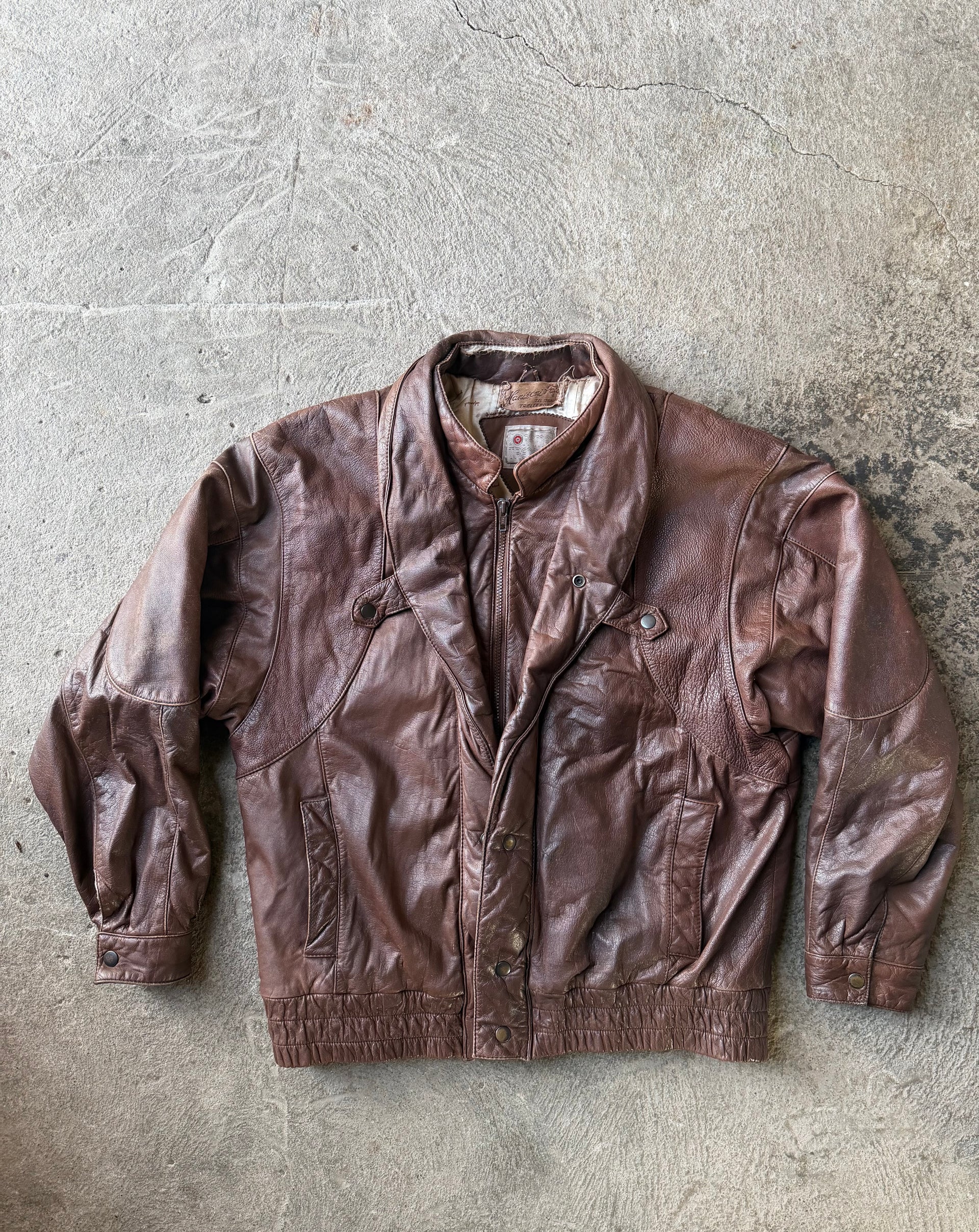 80s Brown Leather Bomber Jacket | Size L