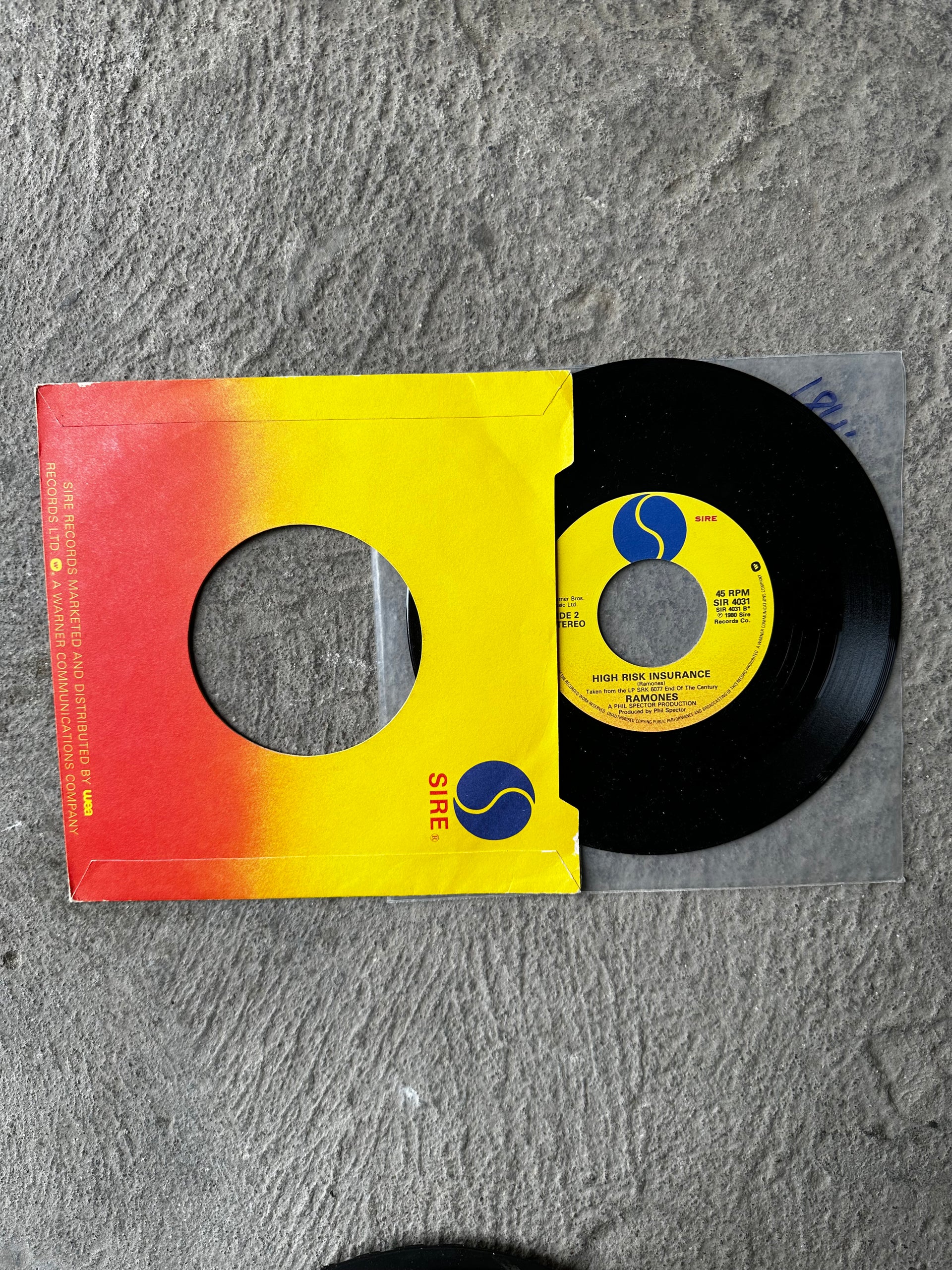 Ramones – High Risk Insurance 7” Vinyl | 1980

Original 1980 pressing on Sire Records featuring High Risk Insurance and Rock and Roll High School. Raw, fast, and unapologetically punk – Ramones at their best. Generic Sire sleeve with visible wear and one