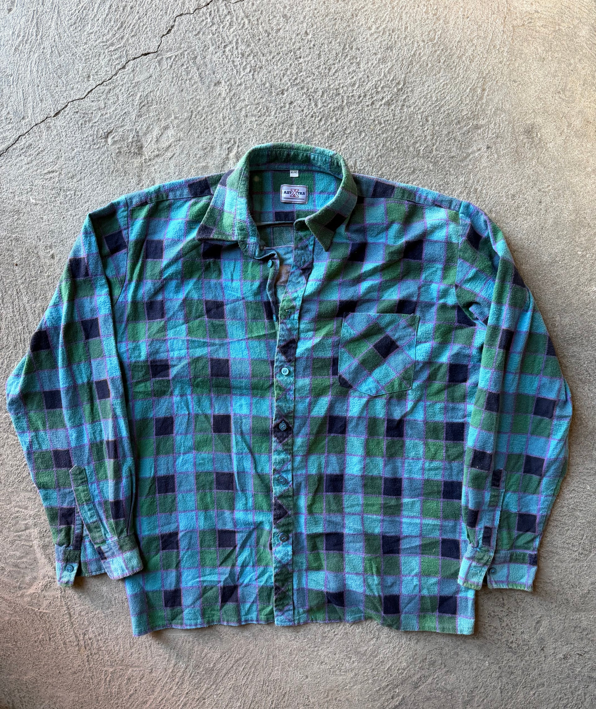 90s Faded Green & Blue Flannel Shirt | Size L