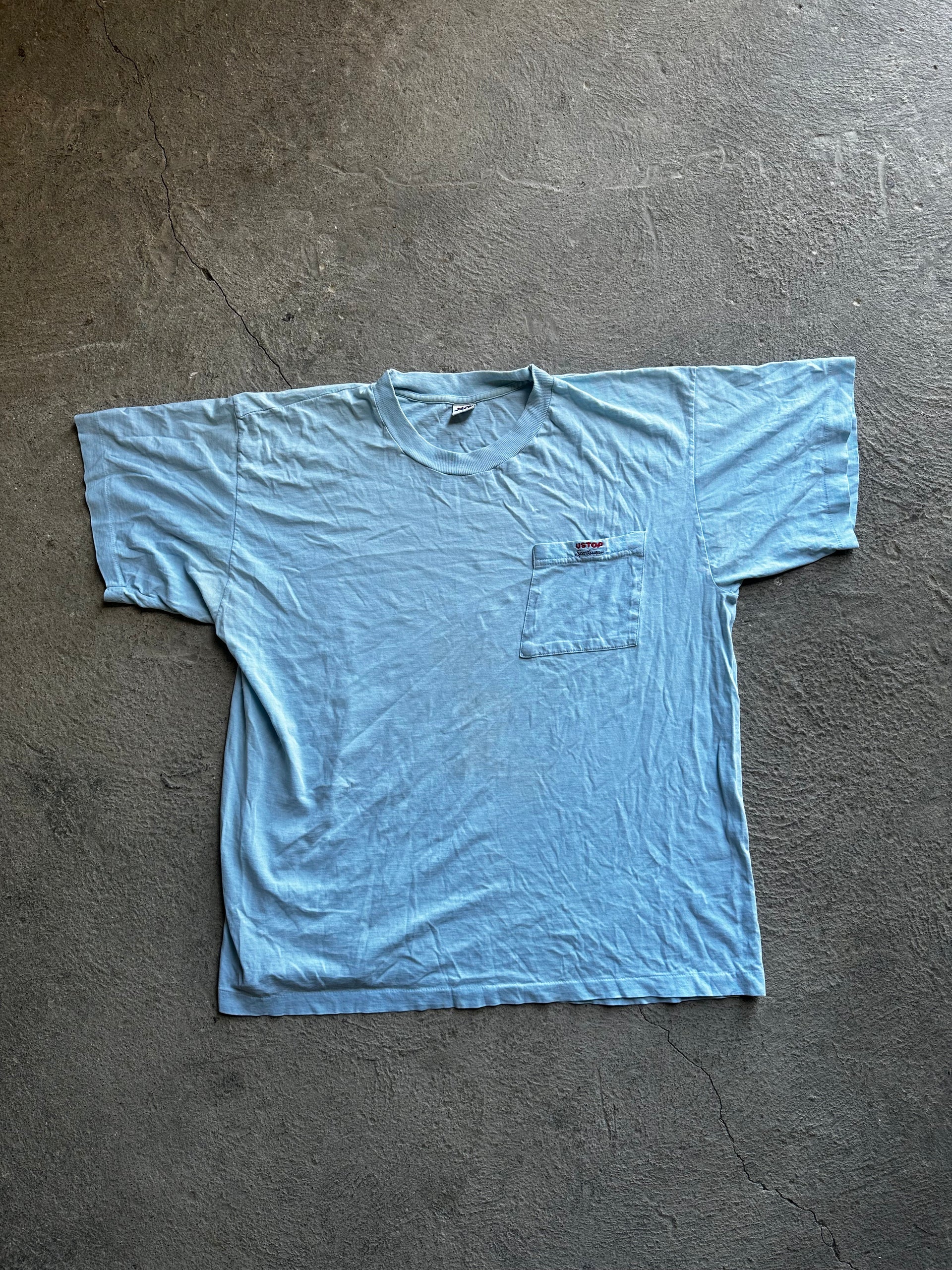 Faded Light Blue Pocket Single Stitch Tee | Size L