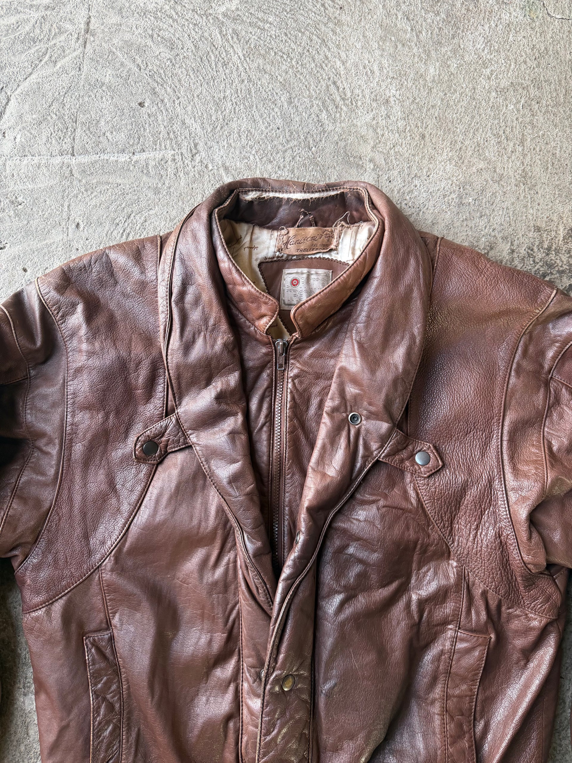 80s Brown Leather Bomber Jacket | Size L