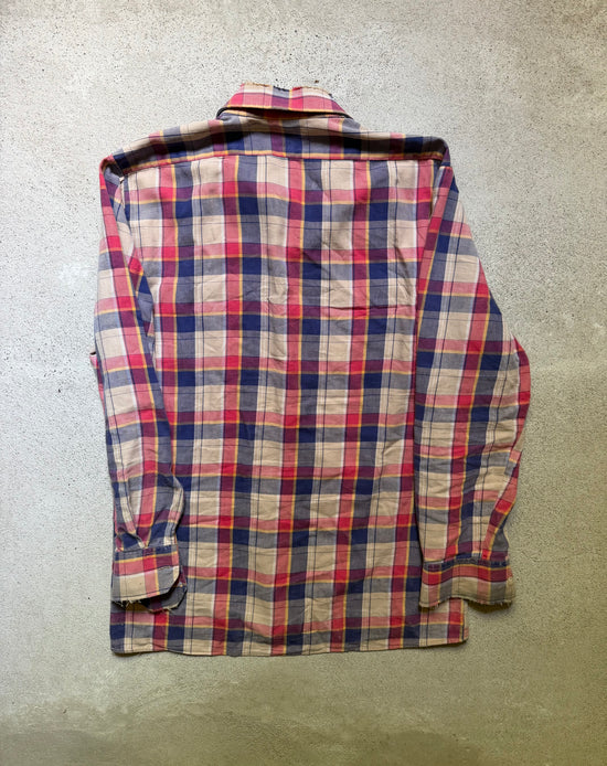 1970s Plaid Flannel Shirt Faded Pink Red Blue | Size L