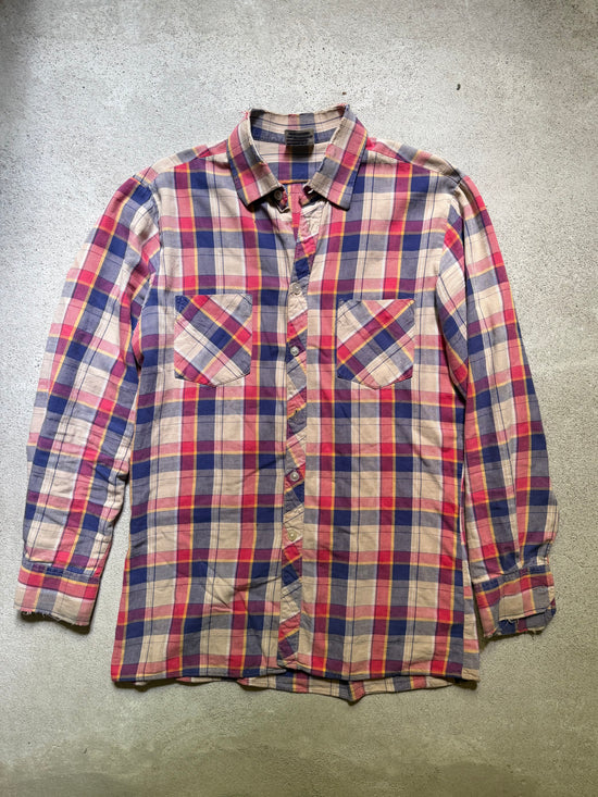1970s Plaid Flannel Shirt Faded Pink Red Blue | Size L