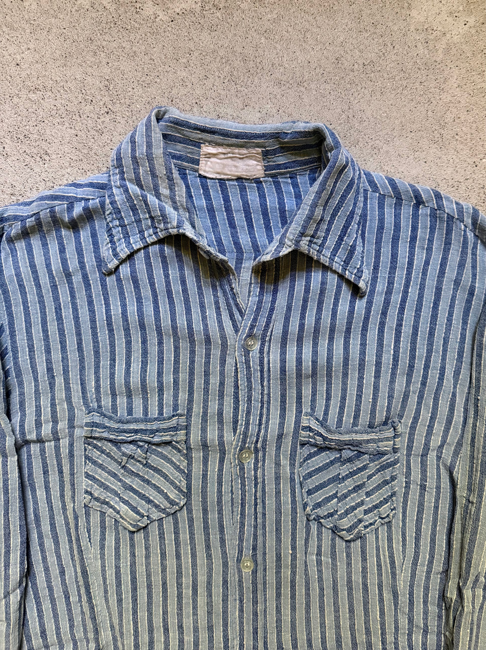 60s Striped Linen Work Shirt | Size L