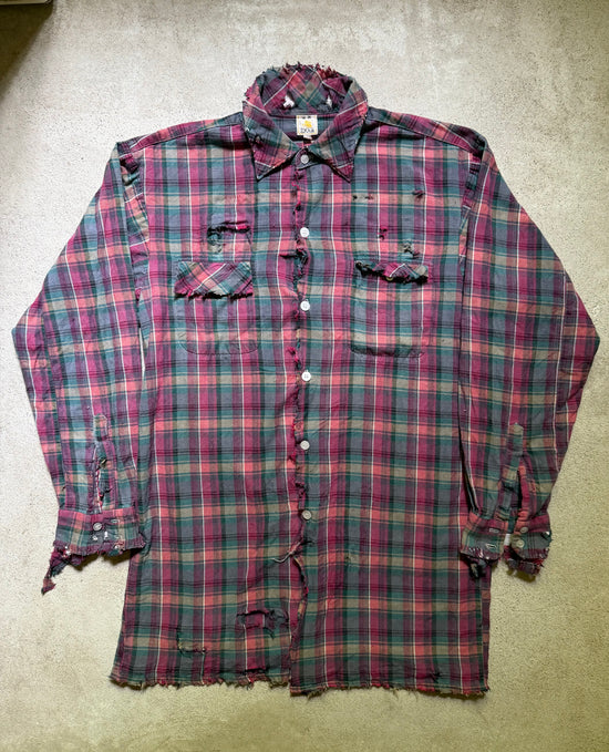 70s Distressed Plaid Flannel Shirt | Size L