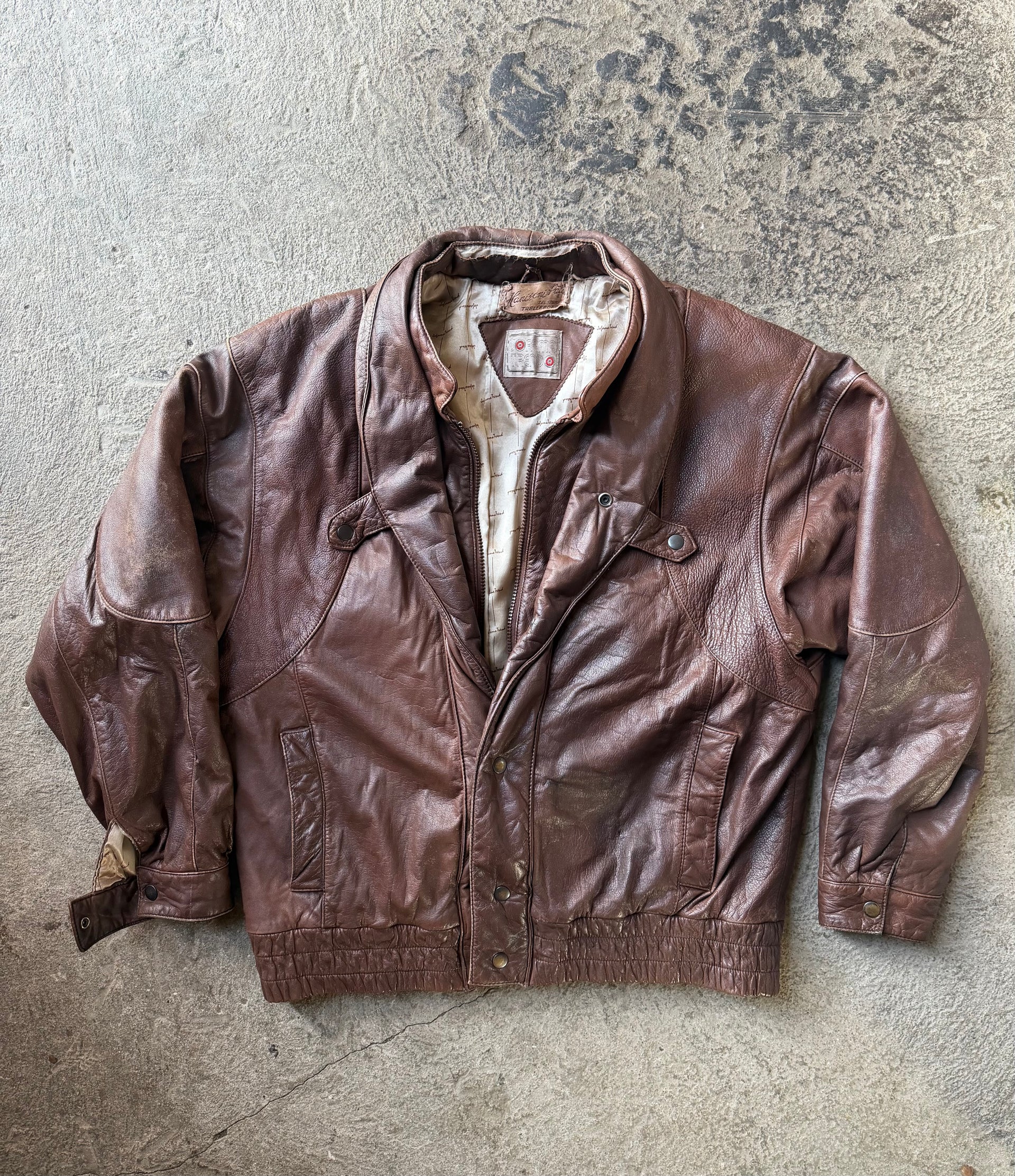 80s Brown Leather Bomber Jacket | Size L