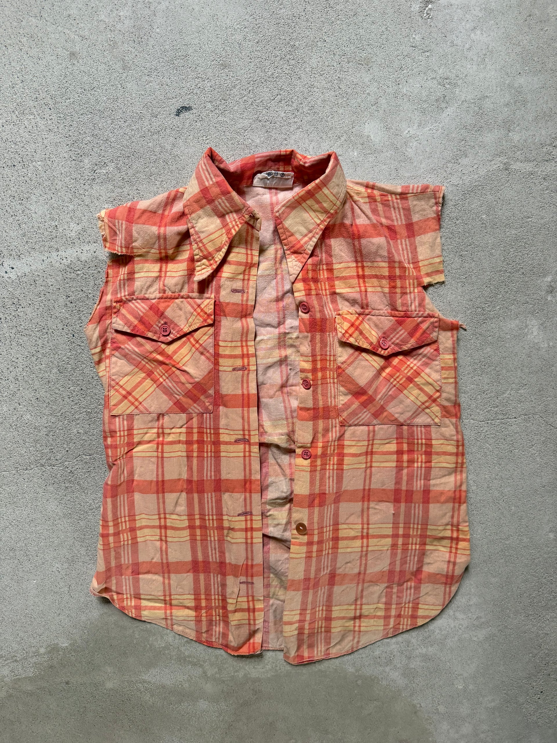 70s Cut Off Plaid Shirt Orange Fade |S