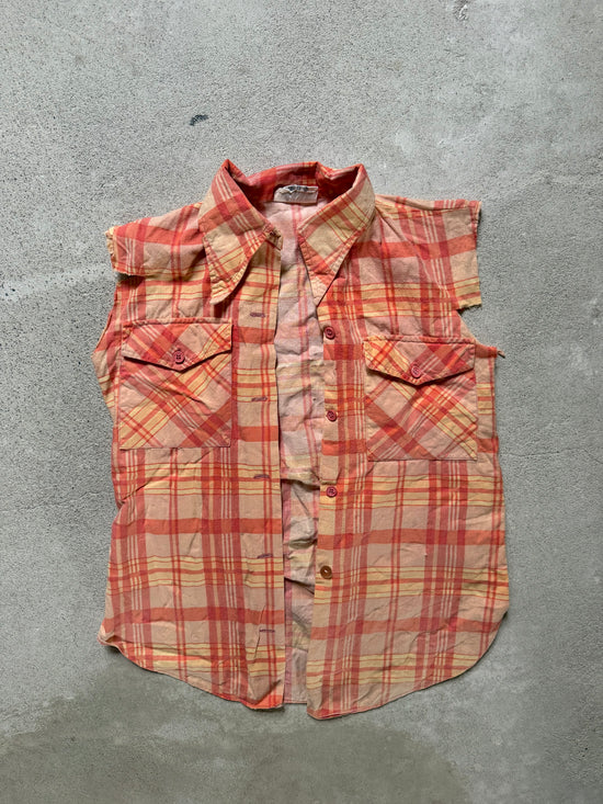 70s Cut Off Plaid Shirt Orange Fade |S