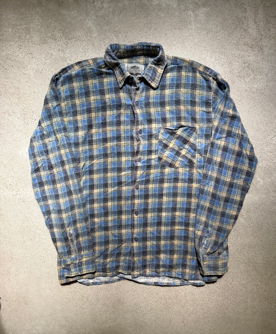 80s Blue Plaid Flannel Shirt | Size M