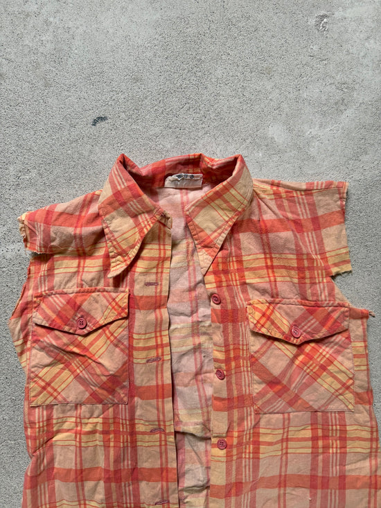 70s Cut Off Plaid Shirt Orange Fade |S