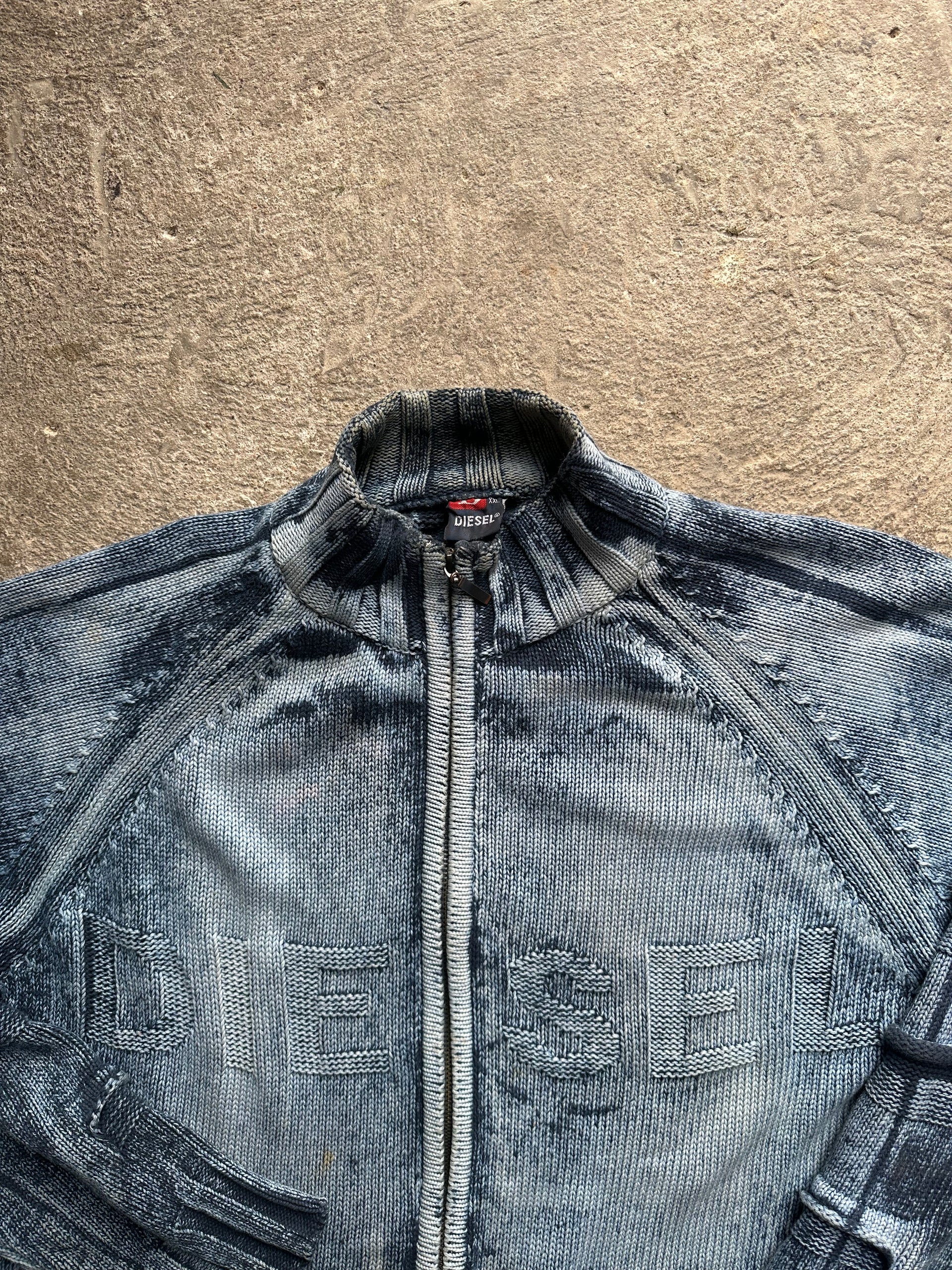 00s Diesel Distressed Knit Zip Jacket | Size XXL