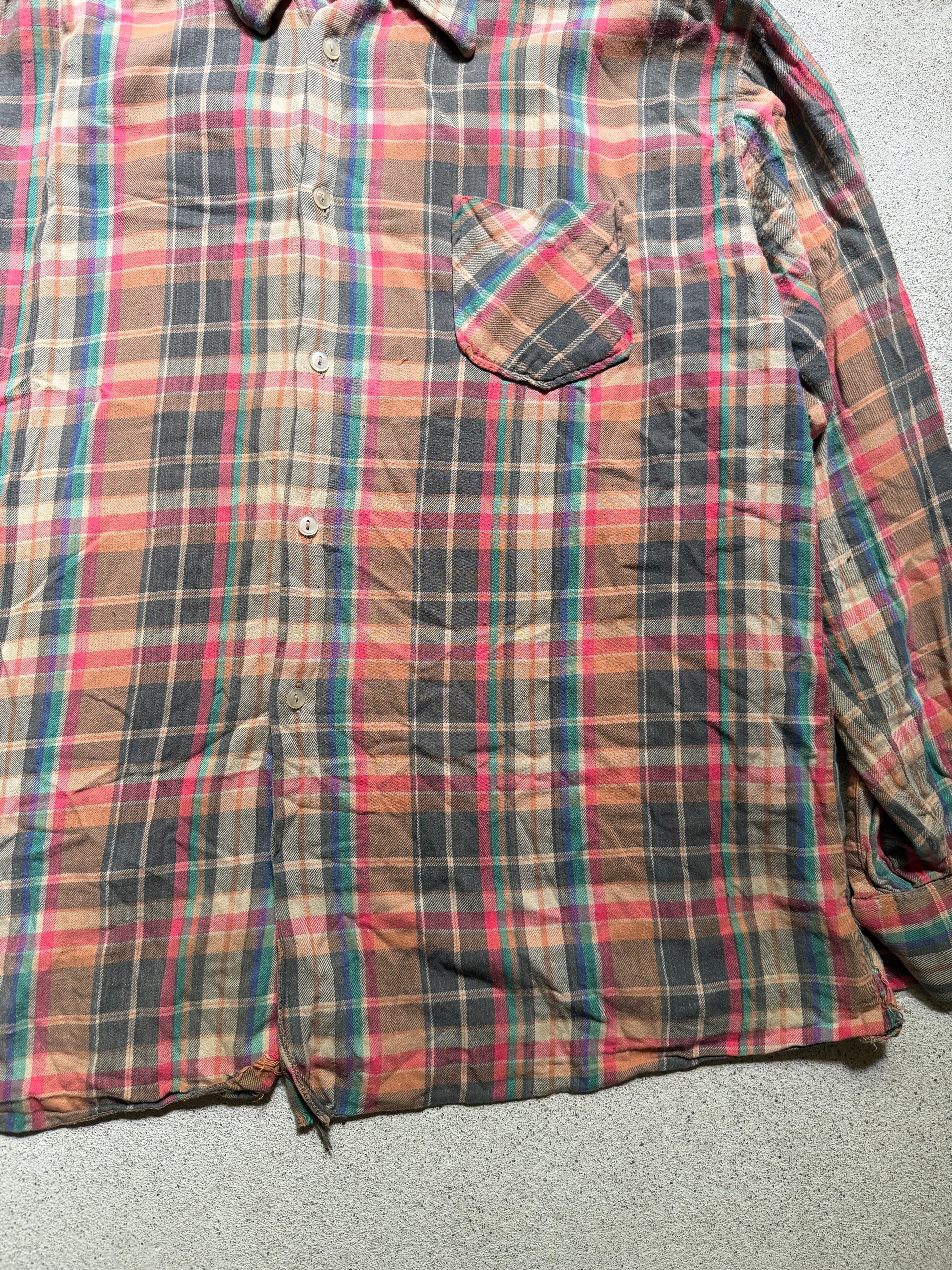 1970s Plaid Flannel Shirt Brown Pink Blue | Size XL