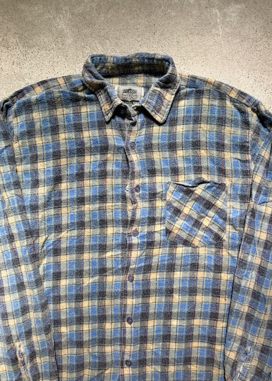 80s Blue Plaid Flannel Shirt | Size M