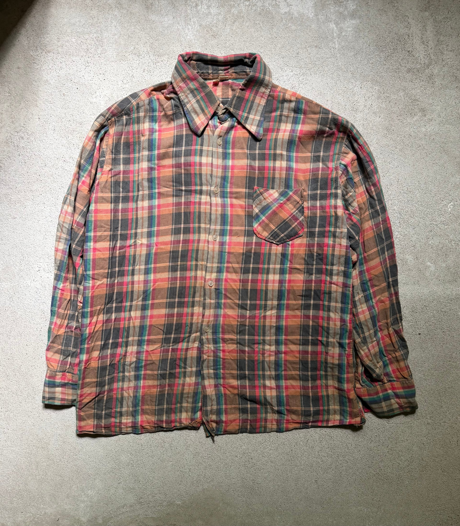 1970s Plaid Flannel Shirt Brown Pink Blue | Size XL