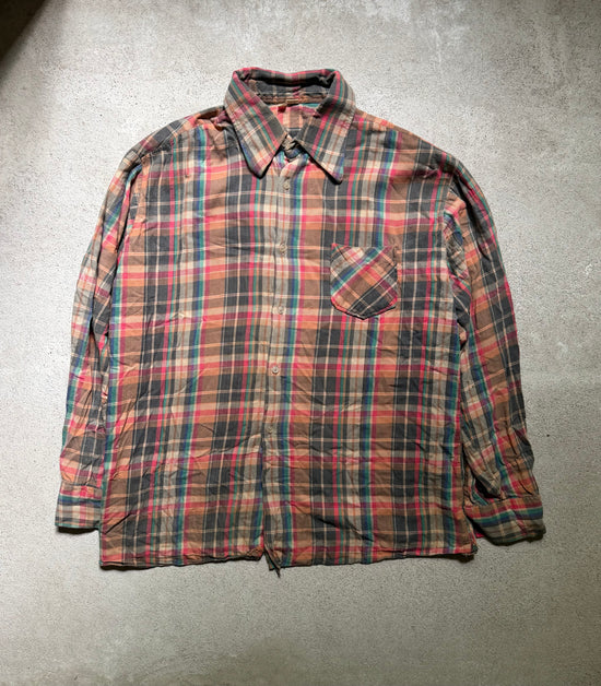 1970s Plaid Flannel Shirt Brown Pink Blue | Size XL