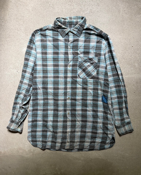 80s Repaired Plaid Flannel Shirt Blue Grey | Size L