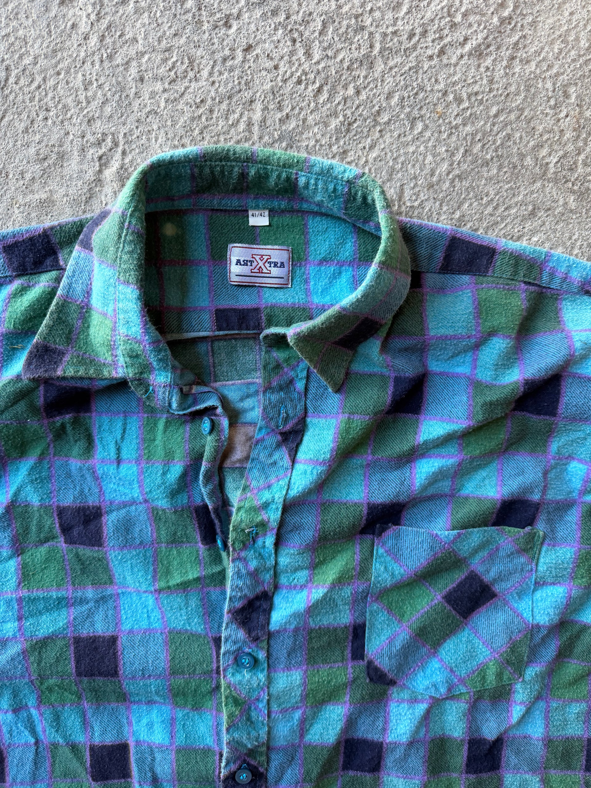 90s Faded Green & Blue Flannel Shirt | Size L