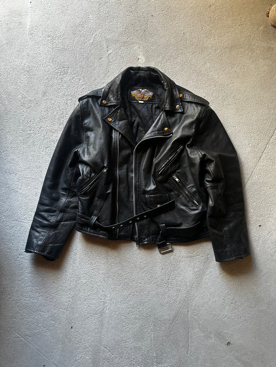 "Vintage 1980s black leather NYC biker jacket classic moto style size L/XL