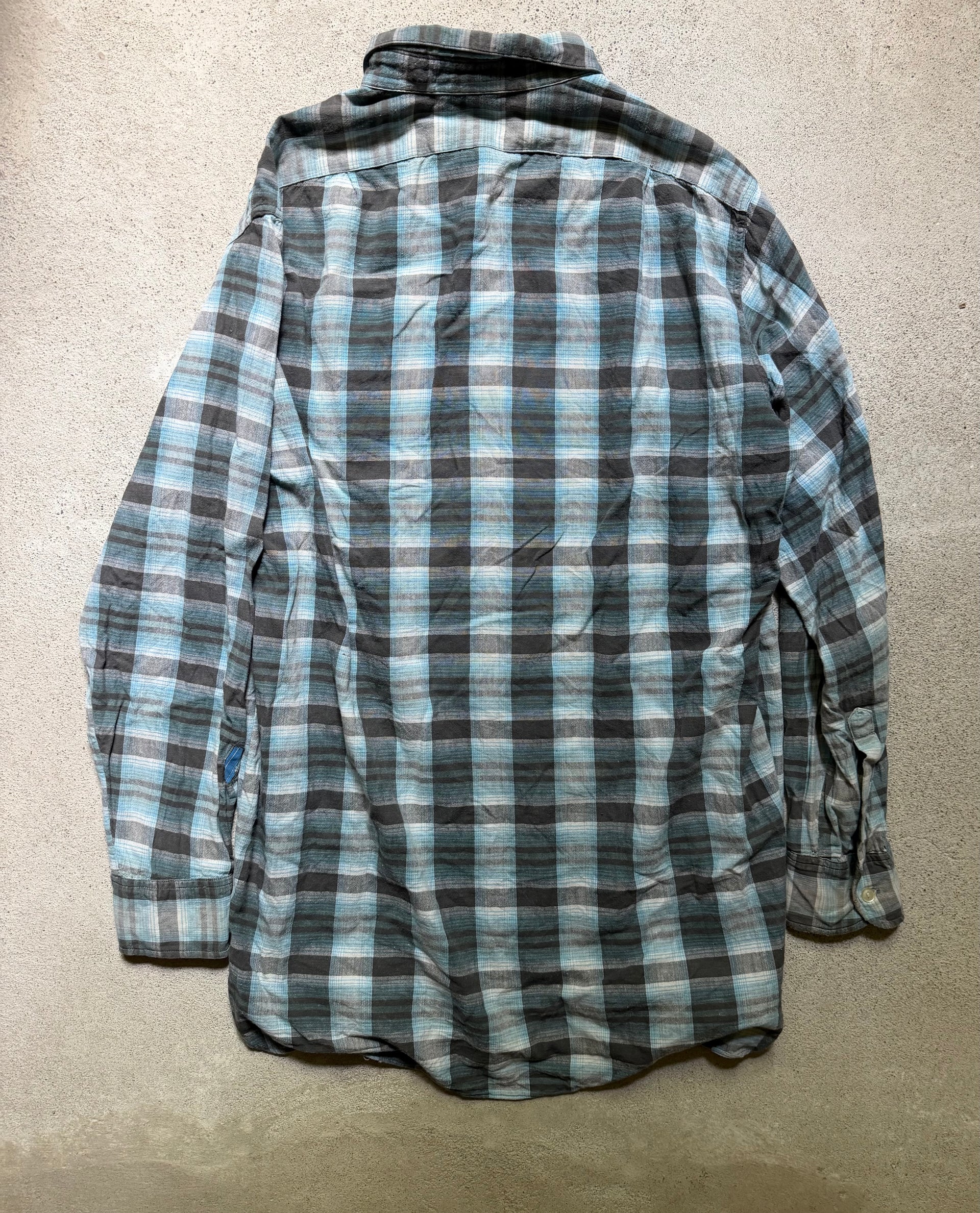 80s Repaired Plaid Flannel Shirt Blue Grey | Size L
